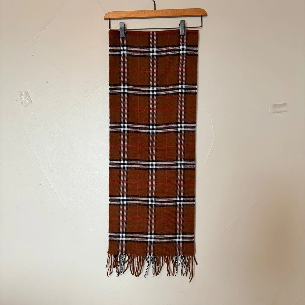 Men's 100% Cashmere Scarf Plaid Made in Scotland Brown Red White Black 68